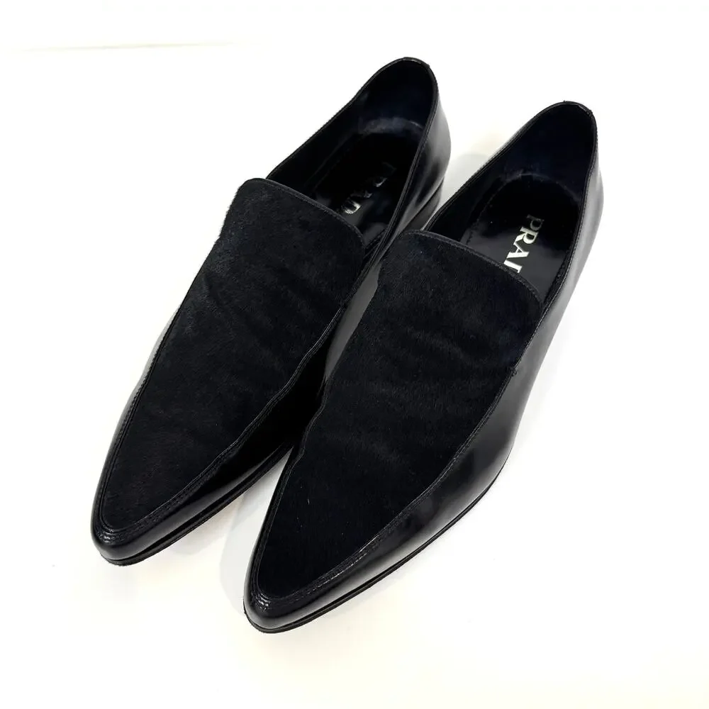 PRADA Black Patent Leather Combination Calf Hair Point Toe Loafer 10 Pony Shoes